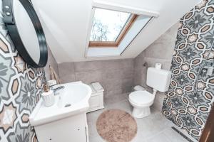 a bathroom with a sink and a toilet and a window at Edelin Country House in Becskeháza +12 photos