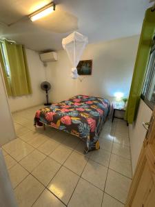 a bedroom with a bed with a comforter and an umbrella at Appt Cosy Belcourt in Baie-Mahault