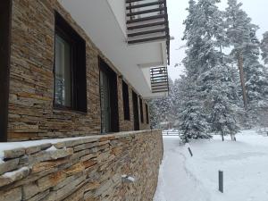 a brick building in the snow with a tree at Lyra Forest Apartment in Borovets