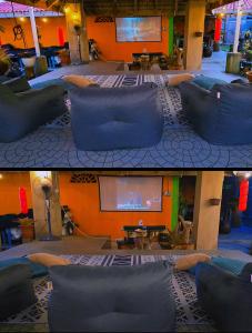 two pictures of a living room with a couch and a television at bira pata glamping in Marang