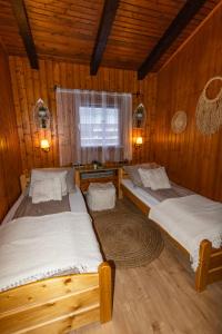two beds in a room with wooden walls at Apartment Schönblick in Verditz