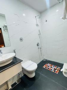 a bathroom with a toilet and a sink at Hotel Downtown in Jamshedpur