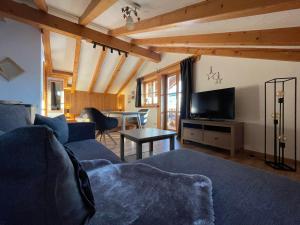 a living room with a couch and a tv at Landhaus Elisabeth in Krün