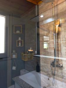 a bathroom with a shower with a tub and a sink at Ti Kaz Luxuriante - Jacuzzi Privé - Évasion Tropicale & Intimité in Saint-Louis +24 photos