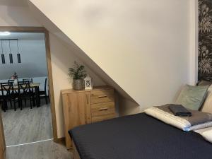 a bedroom with a bed and a dresser and a mirror at Duškova vila - apartmán Elisa in Opařany
