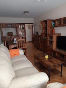 a living room with two white couches and a television at Apartamentos xistra in Cangas del Narcea