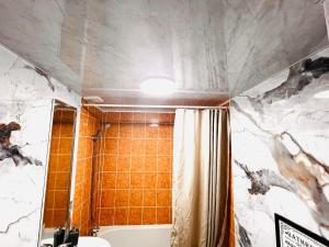 a bathroom with a shower and a shower curtain at Modern 1-Bed Flat Near Northampton General Hopital Town Centre & M1 in Spinney Hill