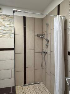 a shower with a glass door in a bathroom at Ferienwohnung Fatlume No 5 n 6 in Bad Honnef am Rhein