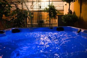 a blue hot tub in a room with plants at Central Beach Retreat in Trogir