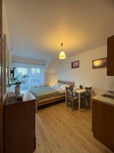 a bedroom with a bed and a table and a kitchen at Pokoje Pod Kasztanami Jantar in Jantar