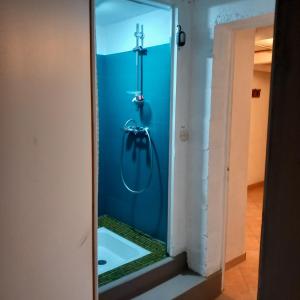 a shower in a bathroom with a blue wall at Vive le vert pomme ! in Saint-Romain-sur-Vienne