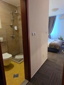 a bathroom with a shower and a toilet and a bed at Hotel Previla in Sarajevo +25 photos