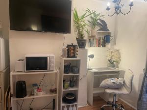 a living room with a tv and a microwave at Fenland Gallery in Whittlesey