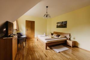 a bedroom with a bed and a television in it at Gästezimmer & Weingut Gamser in Leutschach