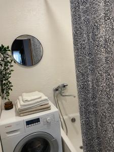a bathroom with a washing machine and a mirror at Skolas 1 in Salaspils