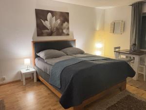 a bedroom with a bed with a painting on the wall at Panorama-Haus Appartment PFÄNDER - Bergblick, Badezimmer, Kitchenette, eigene Sonnenterrasse in Wangen im Allgäu