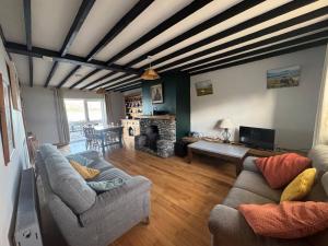 a living room with two couches and a fireplace at Portmagee Seaside Cottages - Gannet in Portmagee