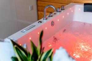 a bathroom sink with a red counter top at Ben View Pod and Jacuzzi Bath in Fort William +9 photos