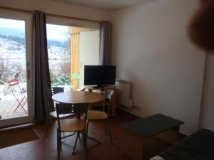 a living room with a table and a television and a window at Les Epinettes Studio Prairie in Gérardmer