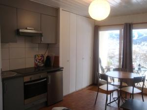a kitchen with a table and a table and a dining room at Les Epinettes Studio Prairie in Gérardmer