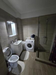 a bathroom with a toilet a sink and a shower at La Andrei in Bistriţa +9 photos