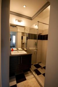 een badkamer met een wastafel en een douche bij Deák design apartment in Boedapest