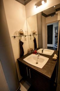 baño con lavabo y espejo grande en Deák design apartment, en Budapest