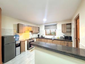 a large kitchen with wooden cabinets and stainless steel appliances at Shawmut Executive Suites With Heated Pool, GYM, Secure Parking, Full Power Backup in Nakuru