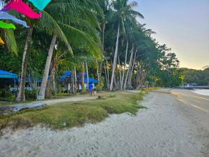 a beach with palm trees and a person walking on the sand at DK2 Resort - Remote Beach Hideaway - Fast WiFi - Private Tours by Arrangement - Plan Ahead in El Nido +44 photos