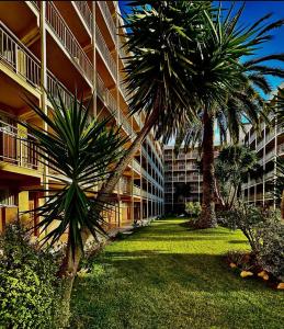 a building with two palm trees in front of it at Paradis Costa in La Pineda