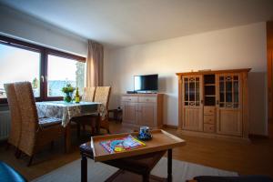 a living room with a table and a tv at Atelier am Hochrhein in Büsingen