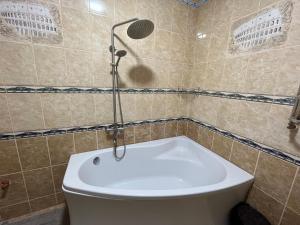 a bathroom with a bath tub with a shower at Готель Козацький in Zvenyhorodka +28 photos