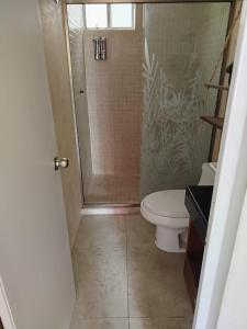 a bathroom with a shower and a toilet in it at Majos Aldea Tulum in Tulum
