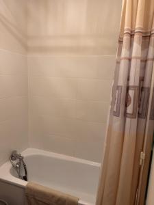 a bathroom with a tub and a shower curtain at appartement à Sainte Cecile in Camiers +8 photos