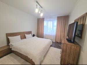 a bedroom with a bed and a flat screen tv at M.Dosoftei 126 in Chişinău
