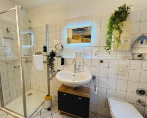 a bathroom with a sink and a shower at Fewo am Disselhook in Lüdinghausen +16 photos