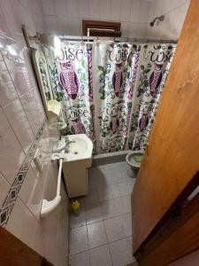 a bathroom with a sink and a shower curtain at OKIN 25 New in Costa del Este +12 photos