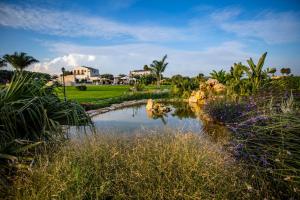 a pond in a yard with a house in the background at Casal Sikelio in Cassibile