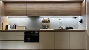 a kitchen with white cabinets and a black appliance at Apartmán Jasanek in Železná Ruda