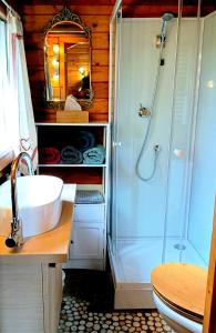 a bathroom with a shower and a sink and a toilet at Chalet à la campagne in Clais
