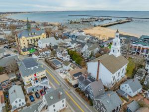 an aerial view of a small town with a church at The Gaslamp Bed and Breakfast in Provincetown