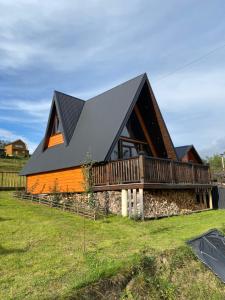 a house with a black roof on a green field at Котедж A-frame Strimba in Verkhnyaya Rozhanka