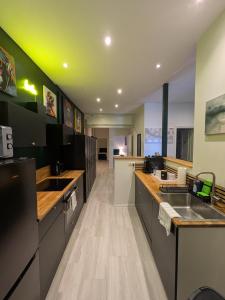a large kitchen with a sink and a counter at Munich Apartment 110 qm with 3 Bedrooms very cetral location 1 to 10 Guests in Munich