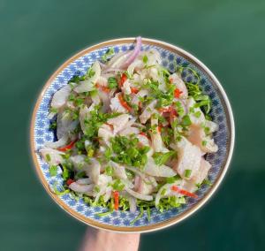 a person holding a bowl of salad with meat and vegetables at Pousada Praeros in Rifaina