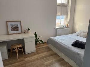 a bedroom with a bed and a desk in it at Apartament Nowomiejska in Wałcz
