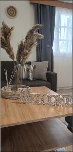 a living room with a coffee table with a couch at Elli's House in Perivolos