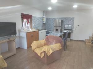 a kitchen with a table and a chair in a room at Cabañas Drü 3 in Coihaique +6 photos