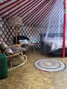 a room with chairs and a bed in a yurt at Het binnenerf yurt en keetjes in Nieuwleusen