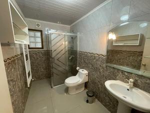 ein Badezimmer mit Dusche, Toilette und Waschbecken in der Unterkunft Hotel Milodon in Puerto Natales