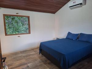a bedroom with a blue bed and a window at Rancho Primavera in Santana do Riacho